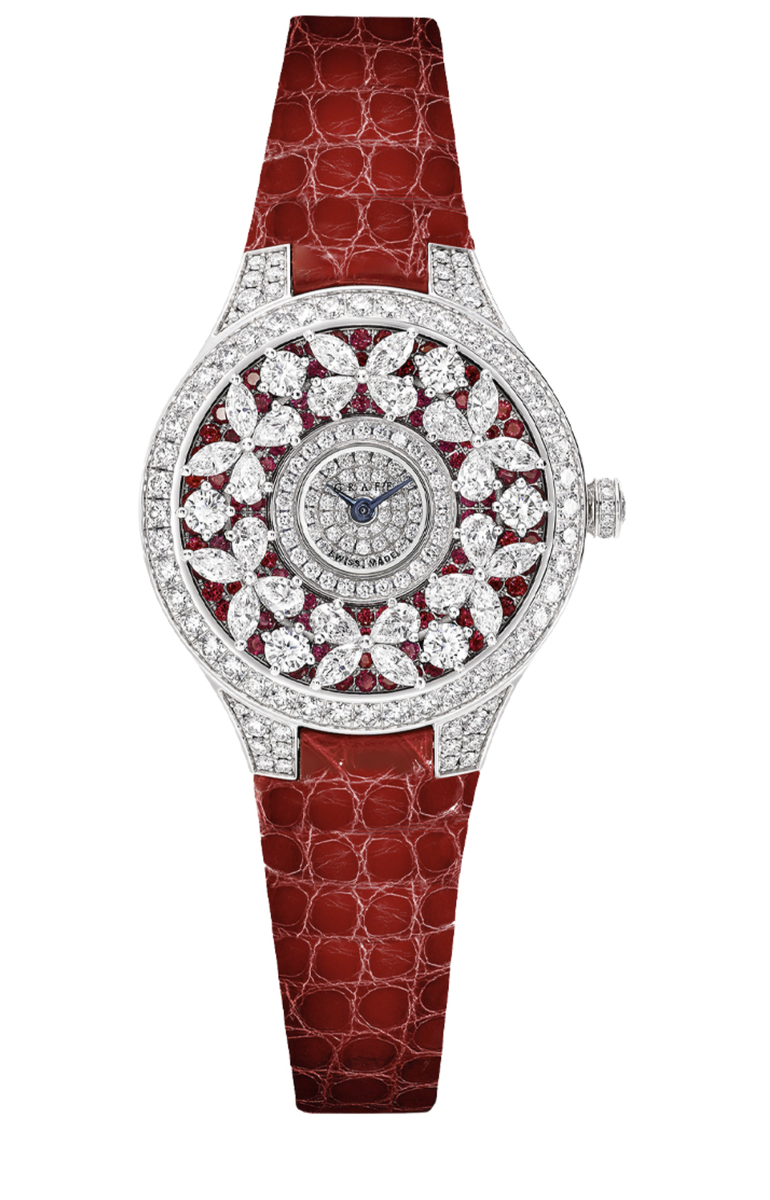 Часы Graff Butterfly в 32 мм корпусе из белого золота с бриллиантами на корпусе, циферблате и безеле, и с рубинами на циферблате. Ограниченная серия: 115 шт.
