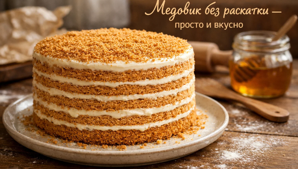 Медовик без раскатки коржей: выливаю тесто на противень и разрезаю после выпечки