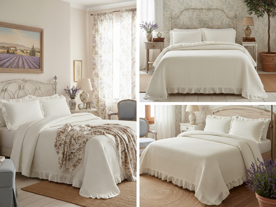 Покрывало на кровать «BIANKA» 240х260 см с оборками и наволочками, цвет кремовый — OZON арт. 3072135771 и WB арт. 597197486.