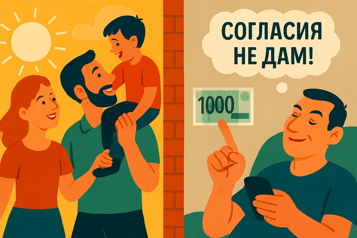 Пять лет тишины. Ни звонка, ни открытки, ни копейки денег. Мой сын 
называет папой моего второго мужа, который учит его урокам и водит на 
футбол. Только мы решили оформить всё официально — через усыновление, био-папа объявился.  Присылал на карту жалкую 1000 рублей (за 5 лет!) и сообщение: Я плачу алименты! Согласия не дам!
