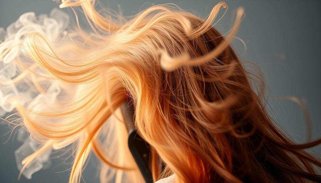    Изображение абстрактного представления мощности фена с воздухом, струящимся вдоль волос.