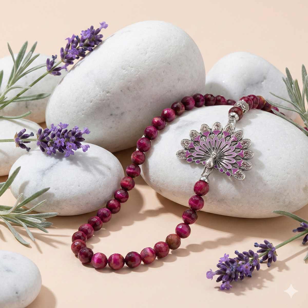 Бренд TRIORA, коллекция Индия: натуральный кощачий глаз, шёлковый шарфик Твилли и дизайнерская брошь "Павлин"