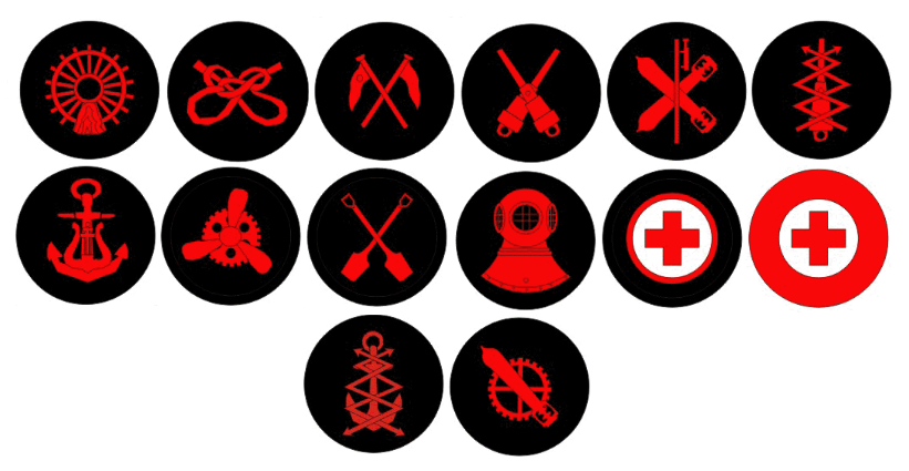 На рисунке знаки отличия специальных званий (штаты): 1 ряд - Рулевой, Марсовый, Сигнальщик, Комендор, Минер, Гальванер. 2 ряд - Музыкант, Машинист, Кочегар, Водолаз, Фельдшер (с 1908 г.), Старший санитар (с 1905 г.). 3 ряд - Телеграфист (с 1908 г.), Минный машинист. 