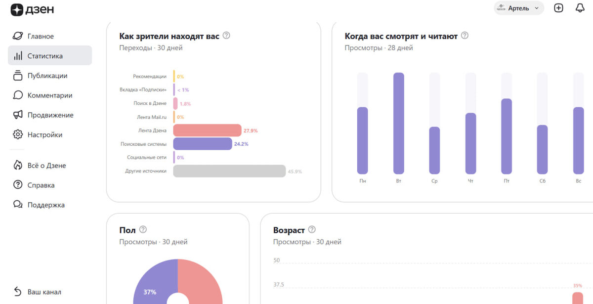 Так выглядит статистика прихода аудитории на канале, который я веду в рамках работы