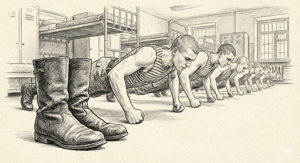 Падал мягкий белый снег, а ночка первая темная была. Сержант сказал, что без отжимания, день в ВДВ прошел впустую, ибо чтобы крепко спать необходимо руки качать. Да, чтобы выработать злость и твердый характер десантника на, как косточки на кулаках. А сон никуда не денется. Я что ли за вас физо буду сдавать. Упор лежа принять? Отставить, принять! Поехали и раз... Картинка создана ии по описанию автора рассказа.