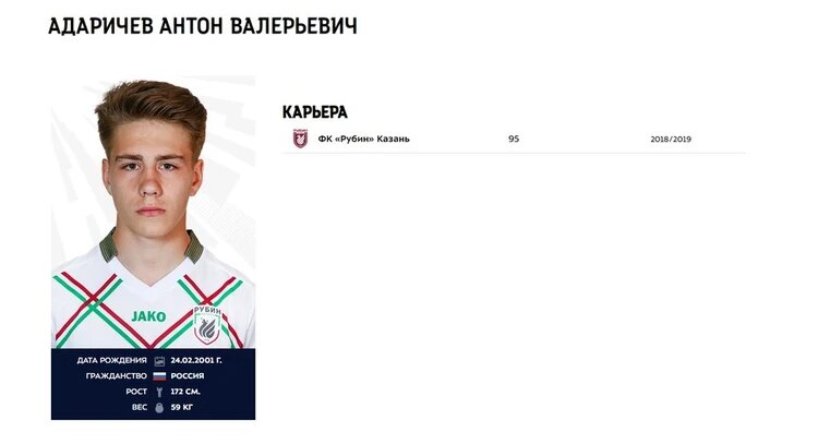 В сезоне 2018-19 Адаричев был заявлен за основную команду "Рубина" в РПЛ, но не сыграл ни одной игры. Фото: сайт "Рубина"