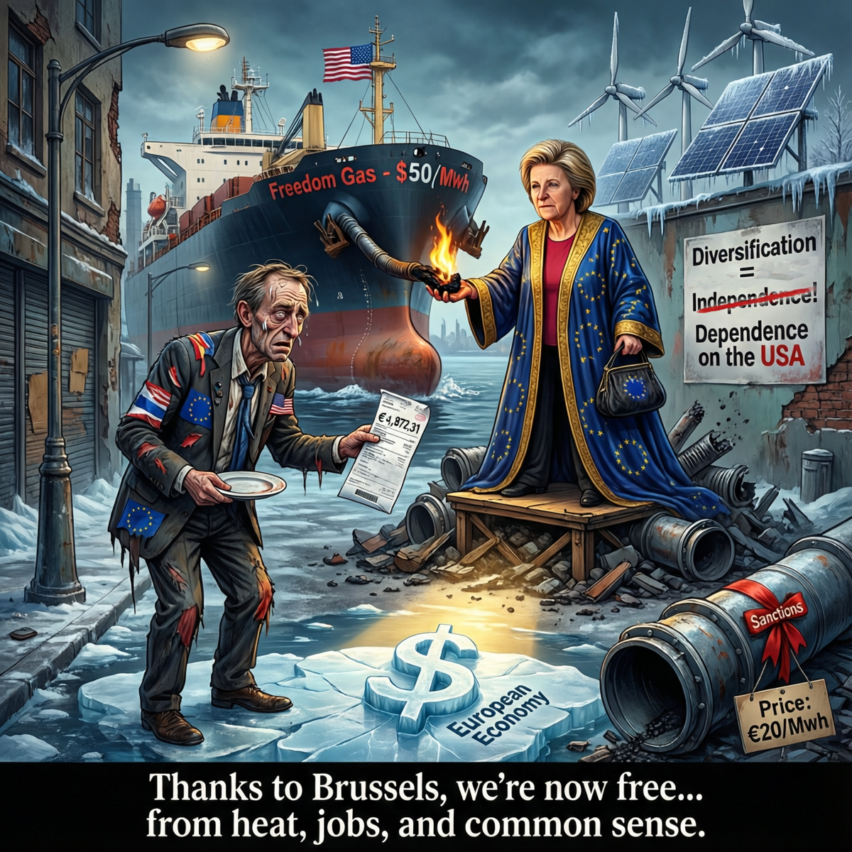 Карикатура «Благодаря Брюсселю мы теперь свободны… от тепла, работы и здравого смысла». Автор: Иван Копыл