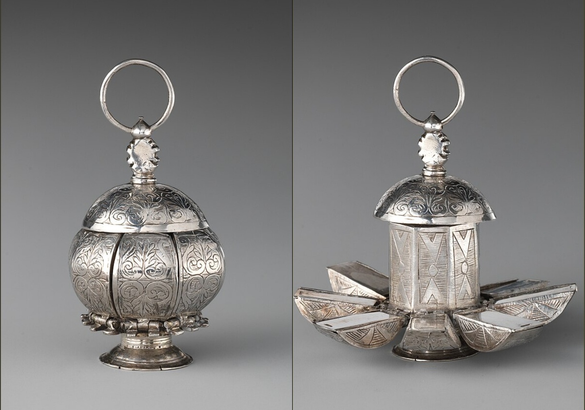 Помандер. Лондон. Англия. Около 1580 г. Серебро. Высота: 6,4 см. Музей Метрополитен, Нью-Йорк 