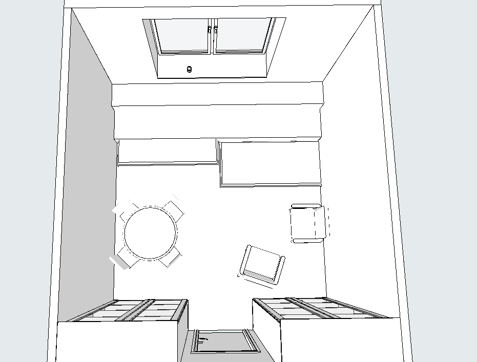 у окна - подиум, состоящий из двух ступеней, в нижней скрываются 2 выкатных спальных места 1 м шириной.