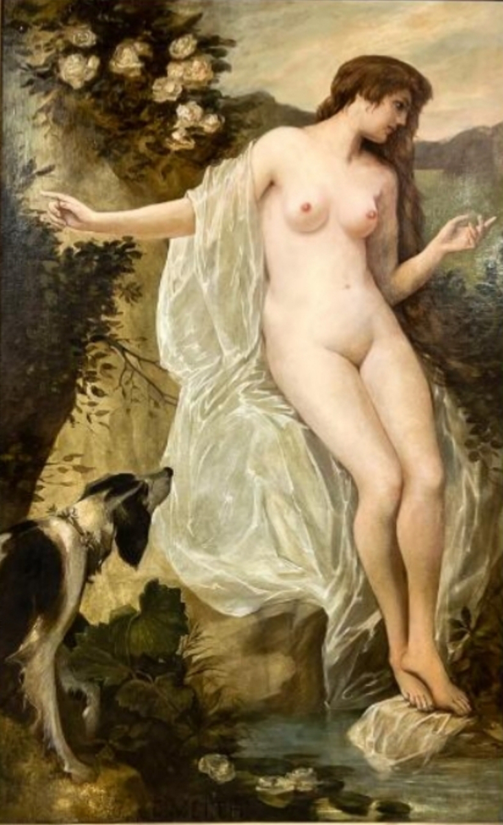 Богиня Диана с охотничьей собакой, стоящая у реки