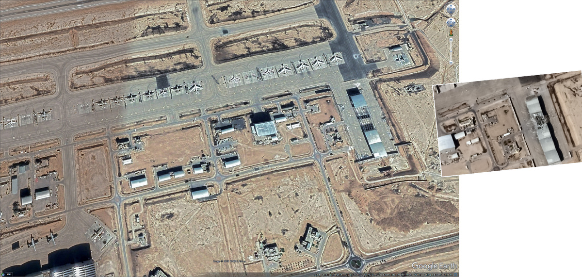 Слева - база Неватим с ГУГЛа, 28 декабря 2024 г.  справа - спутниковый, снимок сдланный 2 октября 2024 г. Нва снимке из ГУГЛа просматривается свежая заплатка на магистральной рулежной дорожке, непонятное пятно перед стоянкой Гольфстрима-разведчика и еще одно пятно правее стоянки самоетов-заправщиков. В ряде источников упомняуты три воронки на ВПП, устроенные иранскими ракетами. Арифметика сходится, а что касается различий между ВПП и МРД, то далеко не все в курсе.  