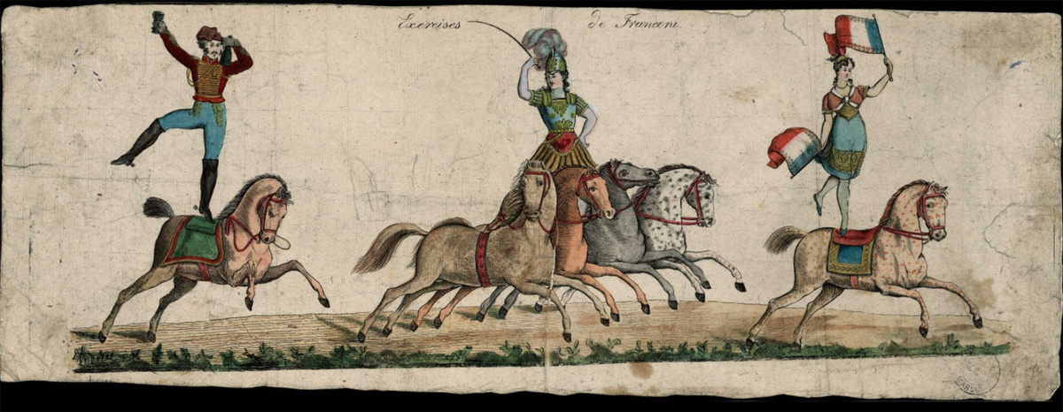 Гравюра начала XIX века, три повторяющихся персонажа конных представлений. Фото Национальная библиотека Франции, https://expositions.bnf.fr/