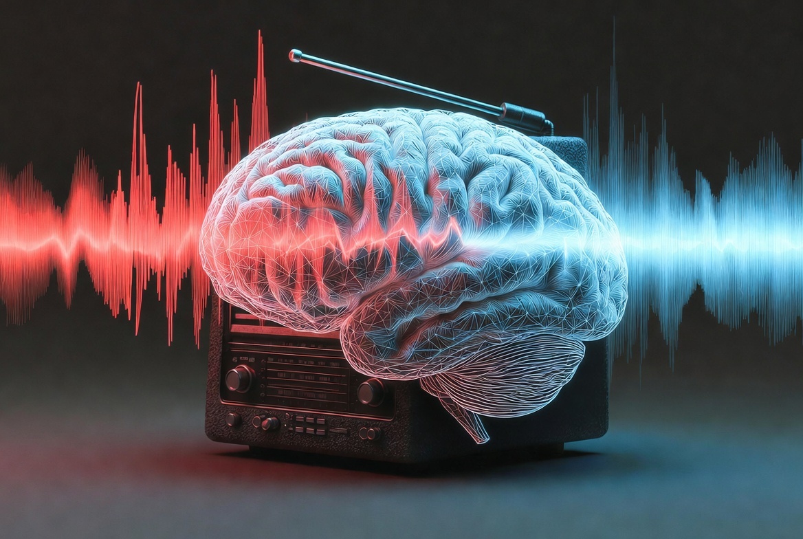 Что происходит в голове при стрессе? Хаотичные сигналы (красные) бомбардируют мозг, заставляя его быть в режиме постоянной тревоги. Ровный белый шум (голубой) действует как акустический щит — он «гасит» хаос, позволяя нейронам перейти в состояние спокойного фонового режима.