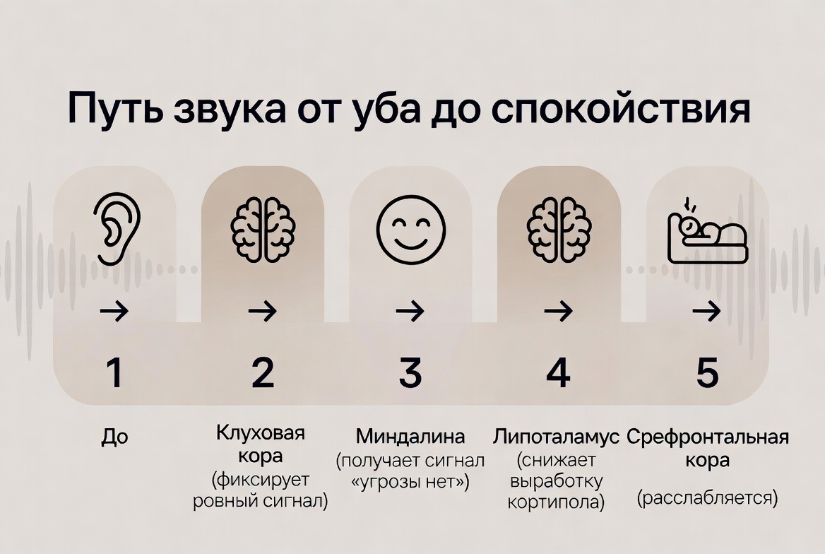 Маршрут успокоения. Белый шум — это не магия, а чёткий физиологический алгоритм. 1) Ухо фиксирует ровный сигнал. 2) Миндалина мозга получает сигнал «всё спокойно, угроз нет». 3) Гипоталамус снижает выброс гормонов стресса. 4) Префронтальная кора, ответственная за контроль и тревогу, наконец расслабляется. Просто, как цепная реакция.