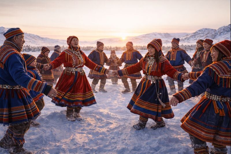 Саамский танец «луввьт». Изображение сгенерировано нейросетью ChatGPT.