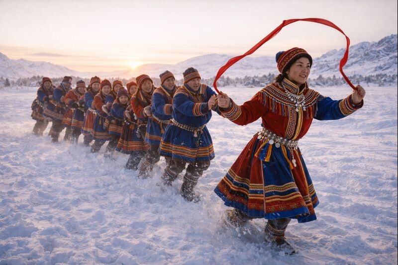 Саамский танец «окколдона». Изображение сгенерировано нейросетью ChatGPT.