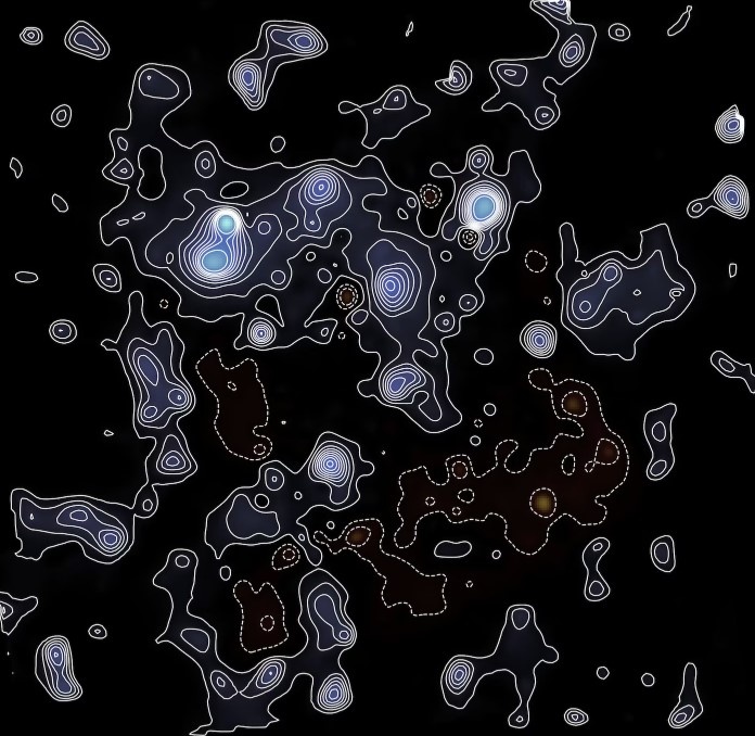 Карта-схема демонстрирует, как темная материя играет роль каркаса, в который встраиваются галактики.