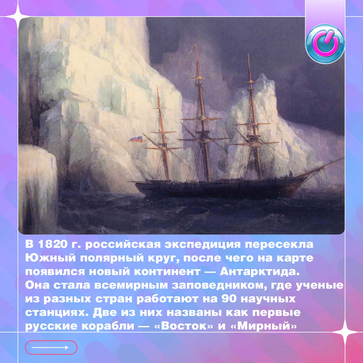 В 1820 г. российская экспедиция пересекла Южный полярный круг, после чего на карте появился новый континент — Антарктида. Корабли «Восток» и «Мирный» под управлением Беллинсгаузена и Лазарева плыли полгода, пока не увидели плавающие ледяные горы. На самый чистый материк Земли претендовали разные страны, но Антарктида стала всемирным заповедником, где ученые из разных стран работают на 90 научных станциях. Две из них названы как первые русские корабли — «Восток» и «Мирный»
