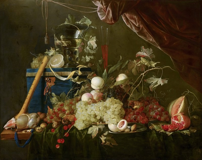 Ян Давидс де Хем, Роскошный фруктовый натюрморт с коробкой для драгоценностей
