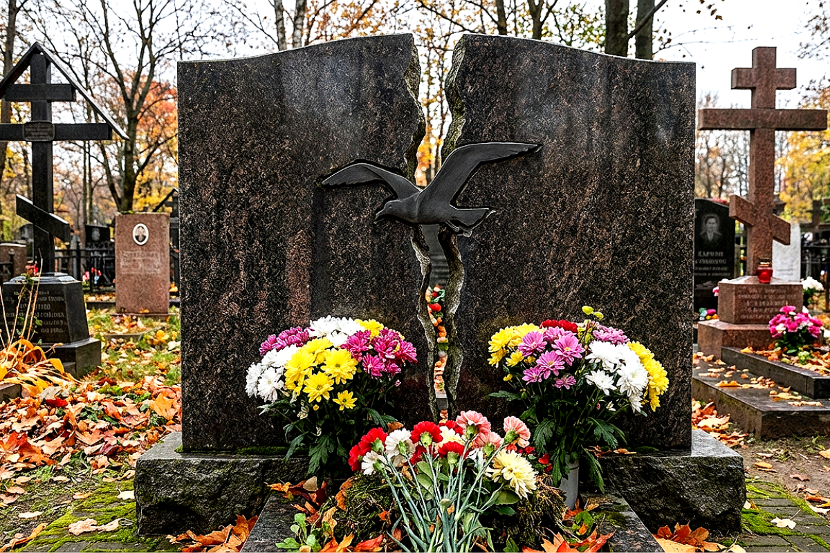 Могила Харитонова на Ваганьковском — расколотый камень с чайкой