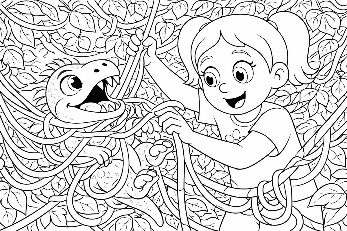 Раскраска из мультсериала «Сказки ТракТЫРишкИ»: Маша помогает маленькому динозавру выбраться из лиан в мире динозавров.