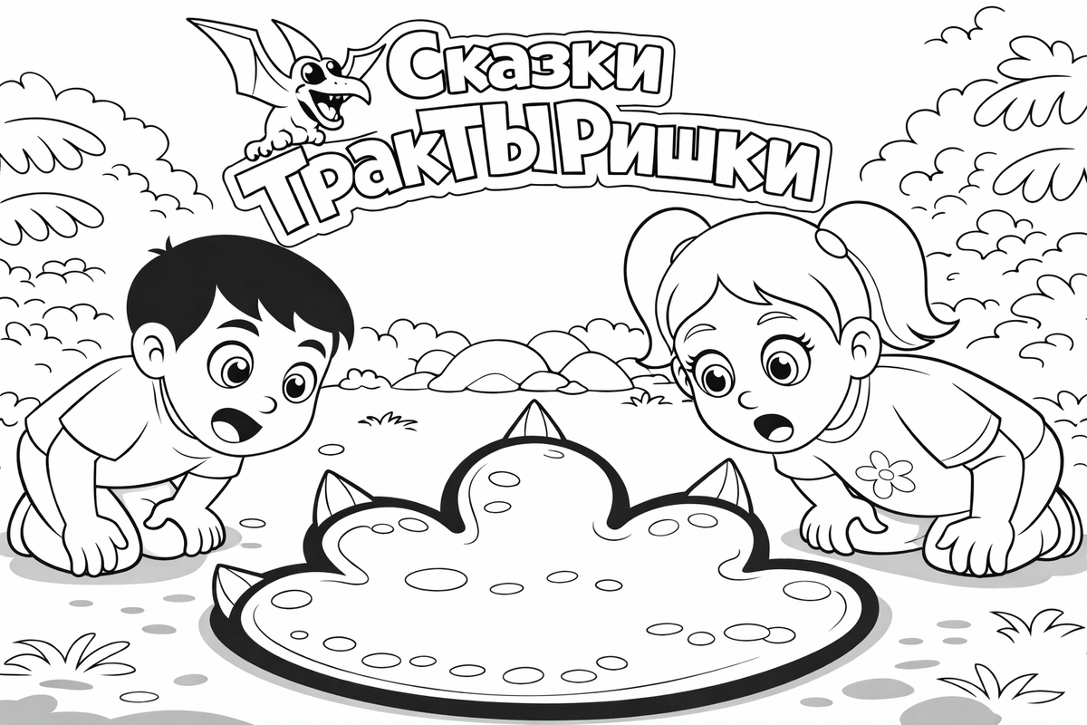 Раскраска из мультсериала «Сказки ТракТЫРишкИ»: Маша и Миша находят огромные следы неизвестного динозавра в древнем мире.