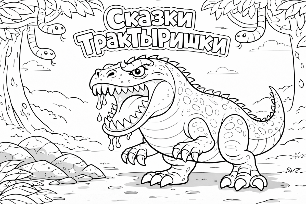 Раскраска «ТракТЫРишкА и аллозавр» — сцена из мультфильма «Сказки ТракТЫРишкИ», где герои сталкиваются с опасным динозавром.