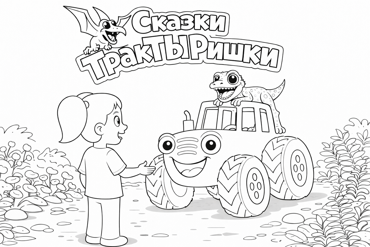 Детская раскраска «ТракТЫРишкА и Шустрик» — добрый динозавр балуется рядом с трактором. Раскраски ТракТЫРишкА для детей про динозавров.