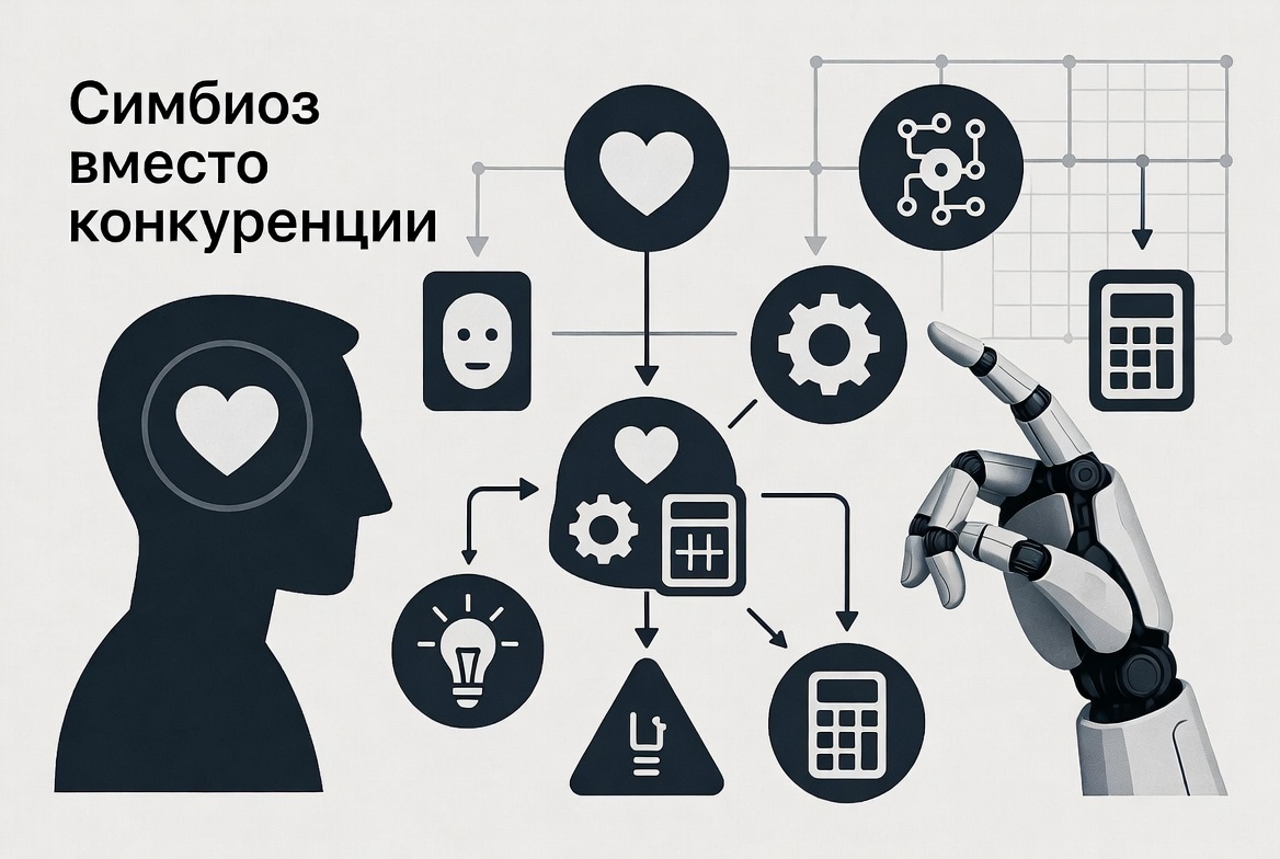 Новая формула продуктивности. Не человек против машины, а уникальные человеческие качества (этика, эмпатия, смыслы), усиленные безграничными вычислительными возможностями ИИ. Будущее создаётся на пересечении этих кругов.