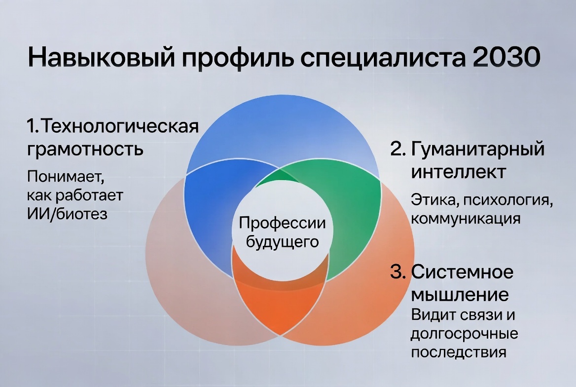 Три кита, на которых будет держаться востребованность. Углубляться в один круг уже недостаточно. Ценность — в умении находиться в центре, на стыке, и говорить на всех трёх языках одновременно.