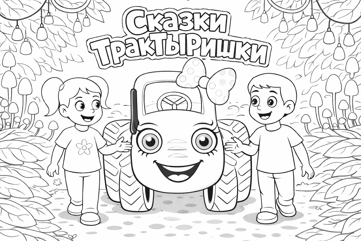 Детская раскраска ТракТЫРишкА: Маша и Миша идут вместе с ТракТЫРишкой по древнему лесу. Раскраски по мультфильму «Сказки ТракТЫРишкИ».