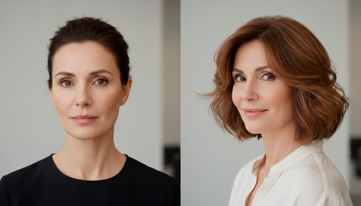 Видите разницу? Слева - строгий пучок, который добавляет возраста. Справа - текстурное удлинённое каре с лёгкой небрежностью. Это не просто стрижка - это преображение.