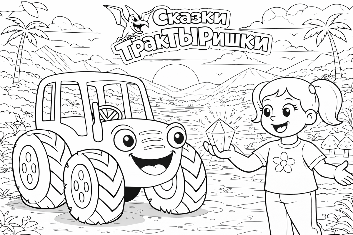 Раскраска ТракТЫРишкА — Маша и трактор ТракТЫРишка нашли первый кристалл. Детские раскраски по мультфильму.