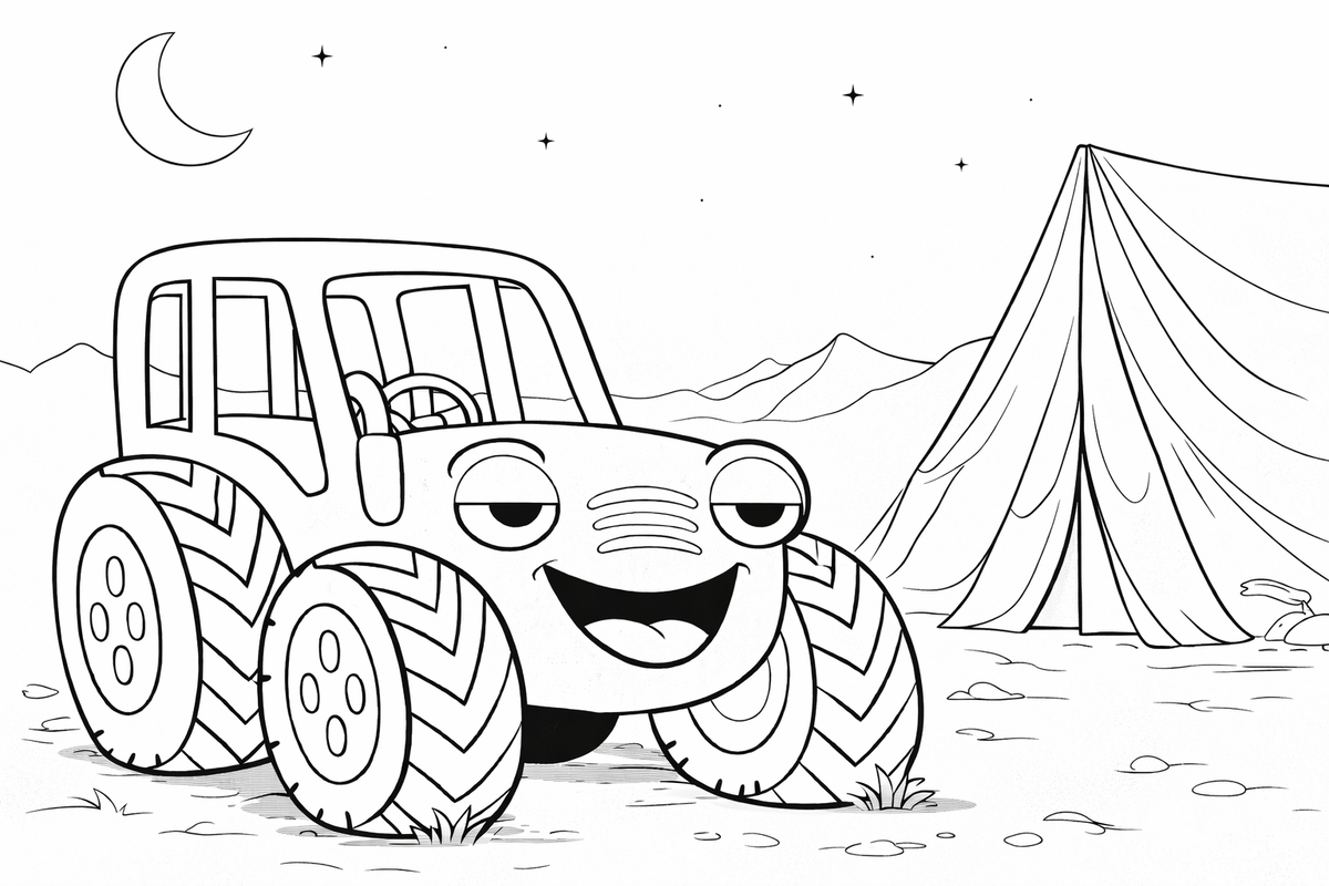 Раскраска ТракТЫРишкА — добрый трактор Тыр Тыр засыпает у палатки. Детские раскраски про трактор и приключения для печати.