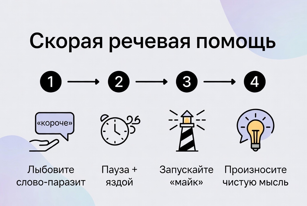 Пошаговый протокол действий в момент, когда слово-паразит уже готово сорваться с языка. Работает как мышечная память: чем чаще применяете эту схему, тем быстрее пауза и «маяк» заменят привычный мусор в речи.