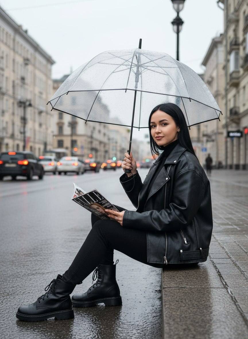 Девушка сидит на бордюре с зонтом под дождем и читает женский журнал — @promtyi