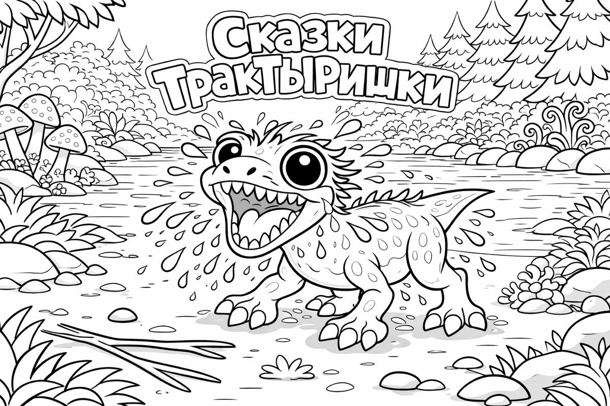 Раскраска ТракТЫРишкА — динозавр Шустрик после дождя. Детские раскраски из мультфильма Сказки ТракТЫРишкИ.