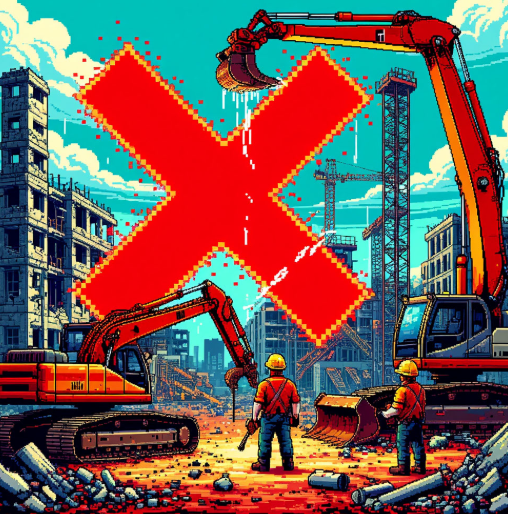 (Этот арт контрастирует с первым, показывая дорогостоящий хаос при исправлении ошибки на стройке.)