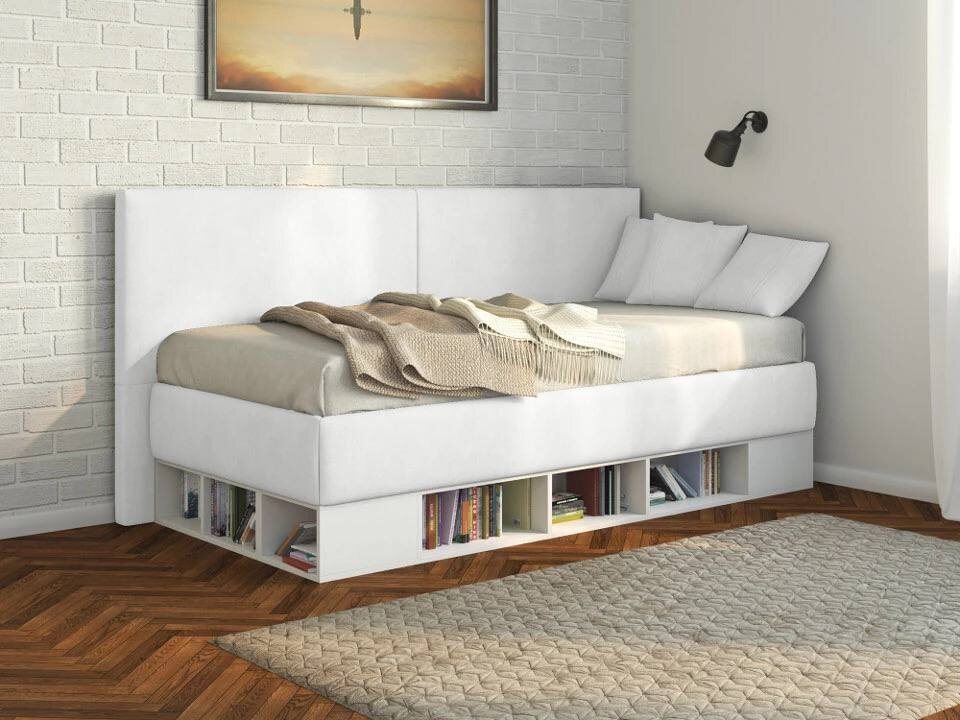 Кровать в комнату подростка с дополнительными полками для мелочей