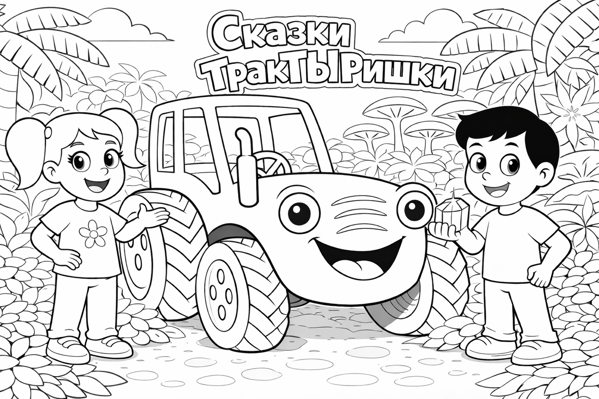 ТракТЫРишкА раскраска — Тыр Тыр и дети нашли кристалл, раскраска трактор для детей, Сказки ТракТЫРишкИ.