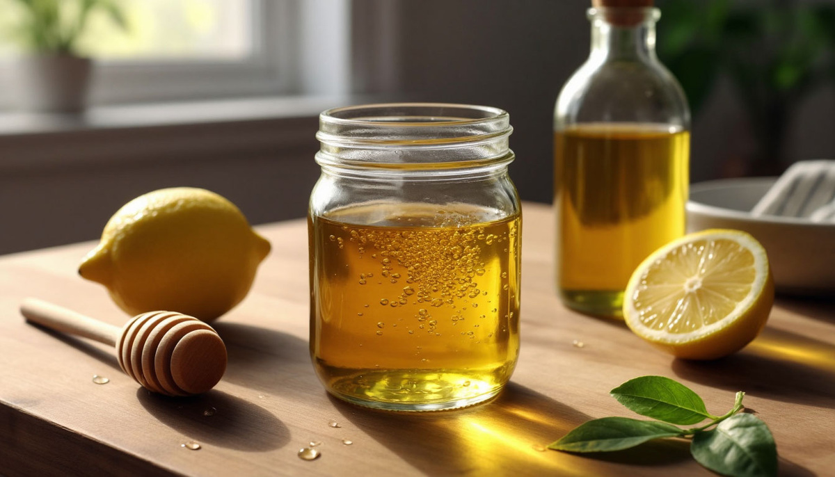стеклянная банка с готовой заправкой на деревянном столе. Рядом — свежие ингредиенты: лимон, мёд в сотах, бутылка оливкового масла.