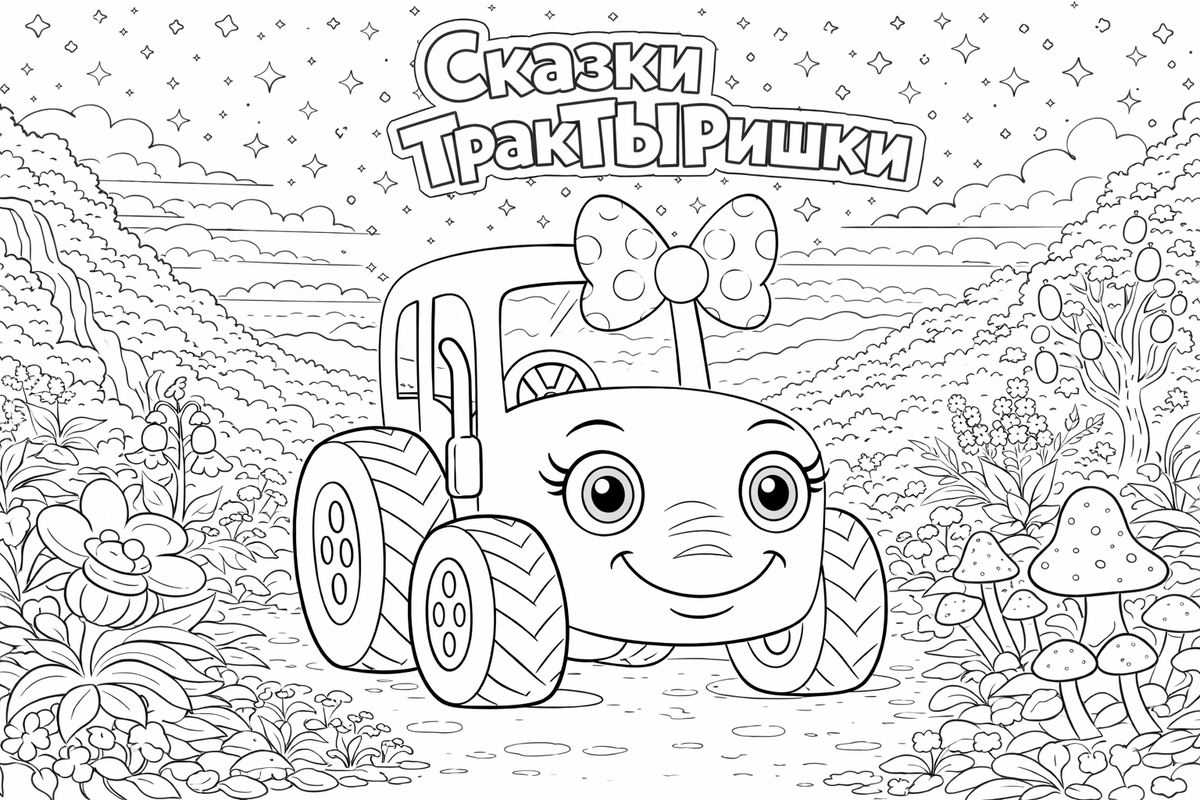Раскраска «Сказки ТракТЫРишкИ»: ТракТЫРишкА едет по сказочному миру. Детская раскраска с трактором и приключениями.