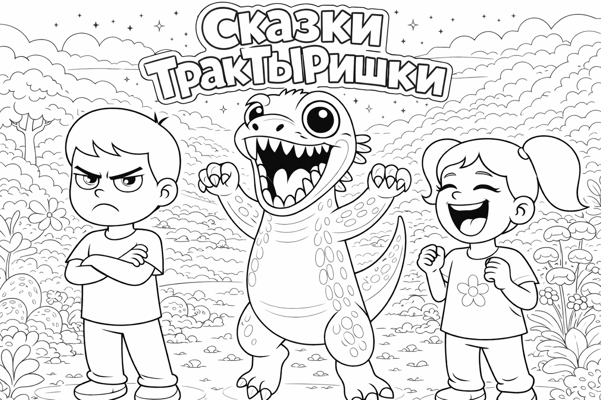 Раскраска «Сказки ТракТЫРишкИ»: Шустрик пугает друзей, вызывая разные эмоции. Детская раскраска со сказочными персонажами и динозаврами.