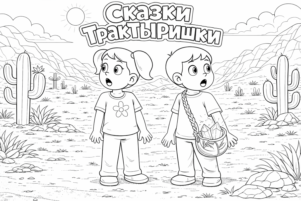 Маша и Миша в пустыне — раскраска из проекта «Сказки ТракТЫРишкИ», можно распечатать бесплатно