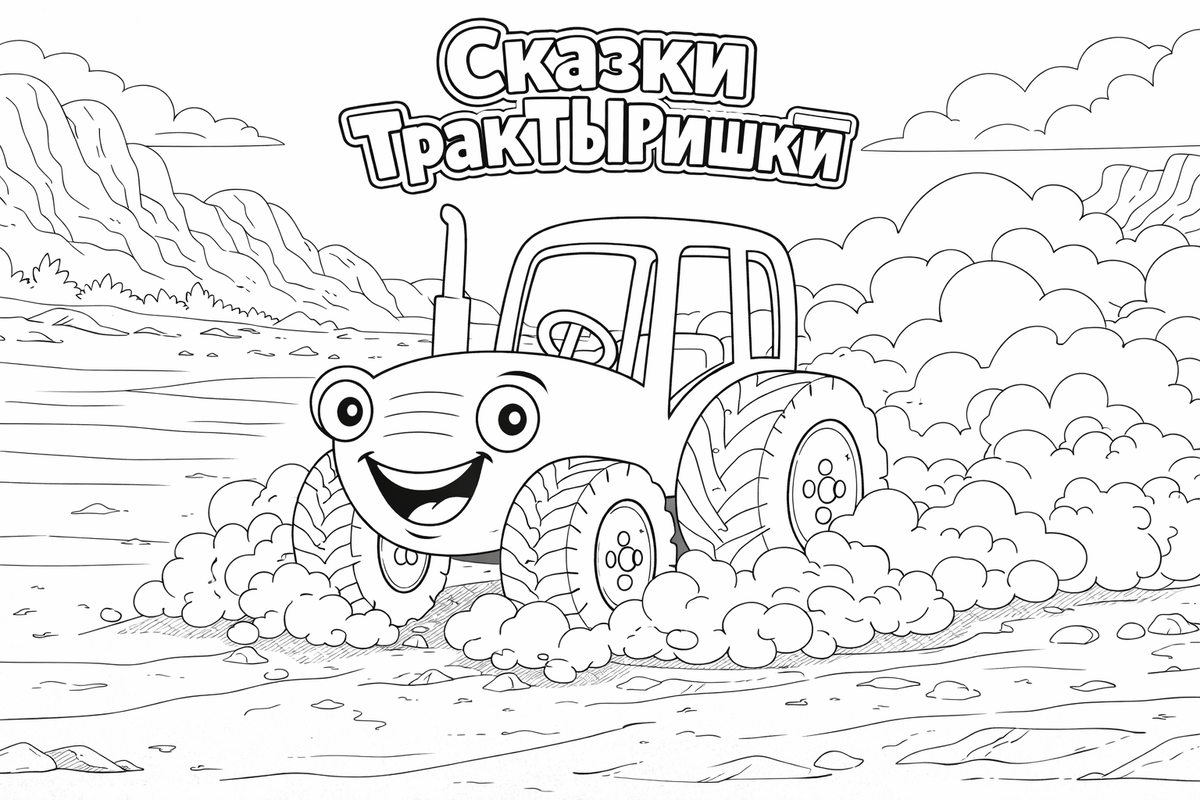 Тыр Тыр мчится по пустыне на скорости — раскраска из серии «Сказки ТракТЫРишкИ», можно распечатать бесплатно