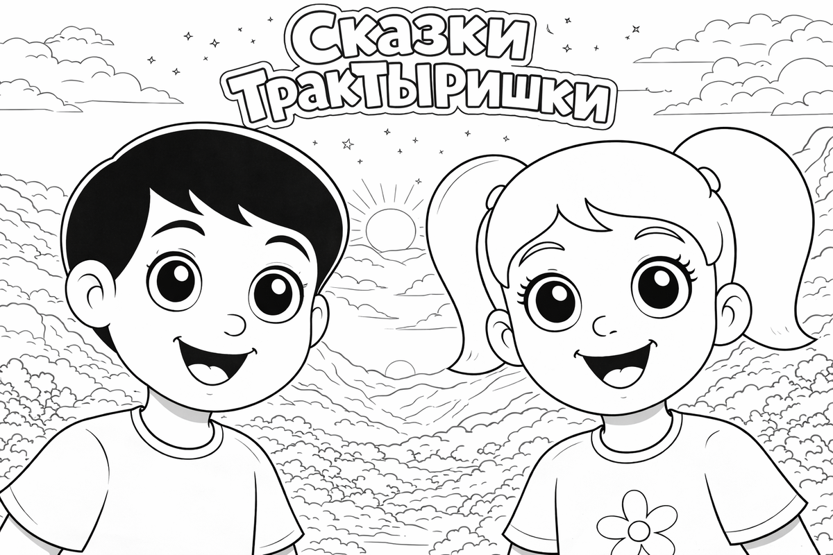 Маша и Миша улыбаются перед новым путешествием — раскраска из серии «Сказки ТракТЫРишкИ», можно распечатать бесплатно