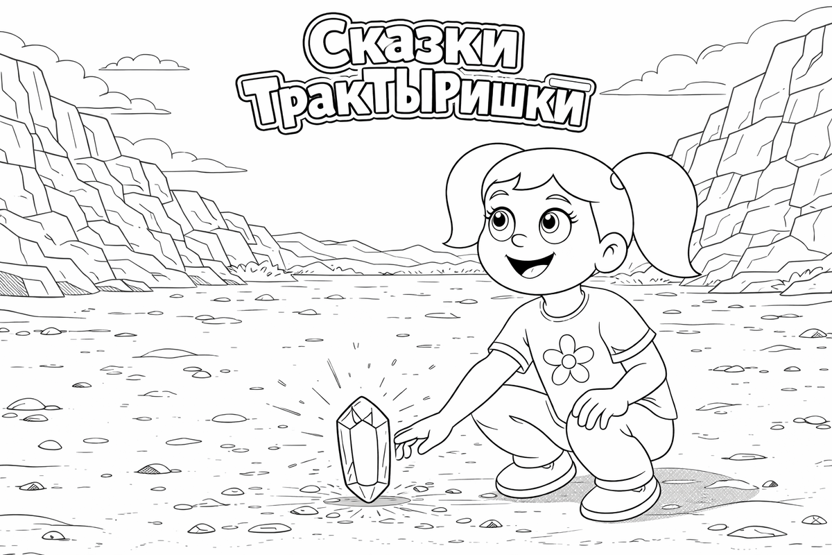 Маша находит волшебный кристалл в пустыне — раскраска из серии «Сказки ТракТЫРишкИ», можно распечатать бесплатно