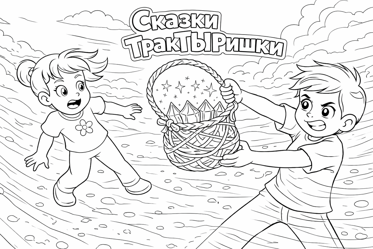 Маша и Миша пытаются спасти волшебные кристаллы во время урагана в горах — раскраска из серии «Сказки ТракТЫРишкИ», можно распечатать бесплатно