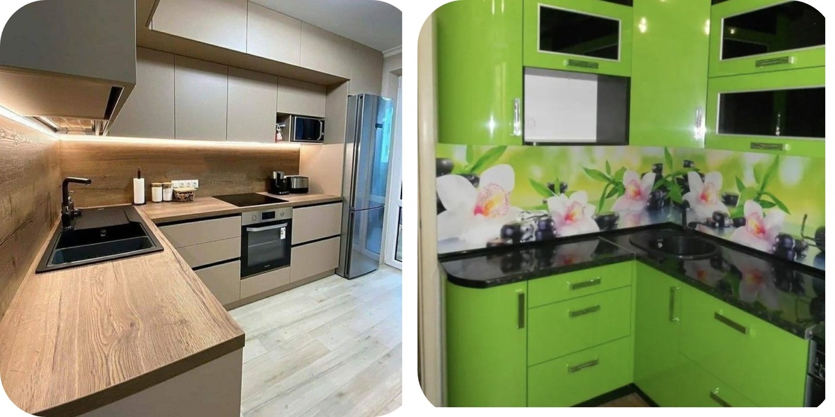 Слева спокойная, приятная, матовая современная кухня. Справа глянцевая и яркая кухня из нулевых.
