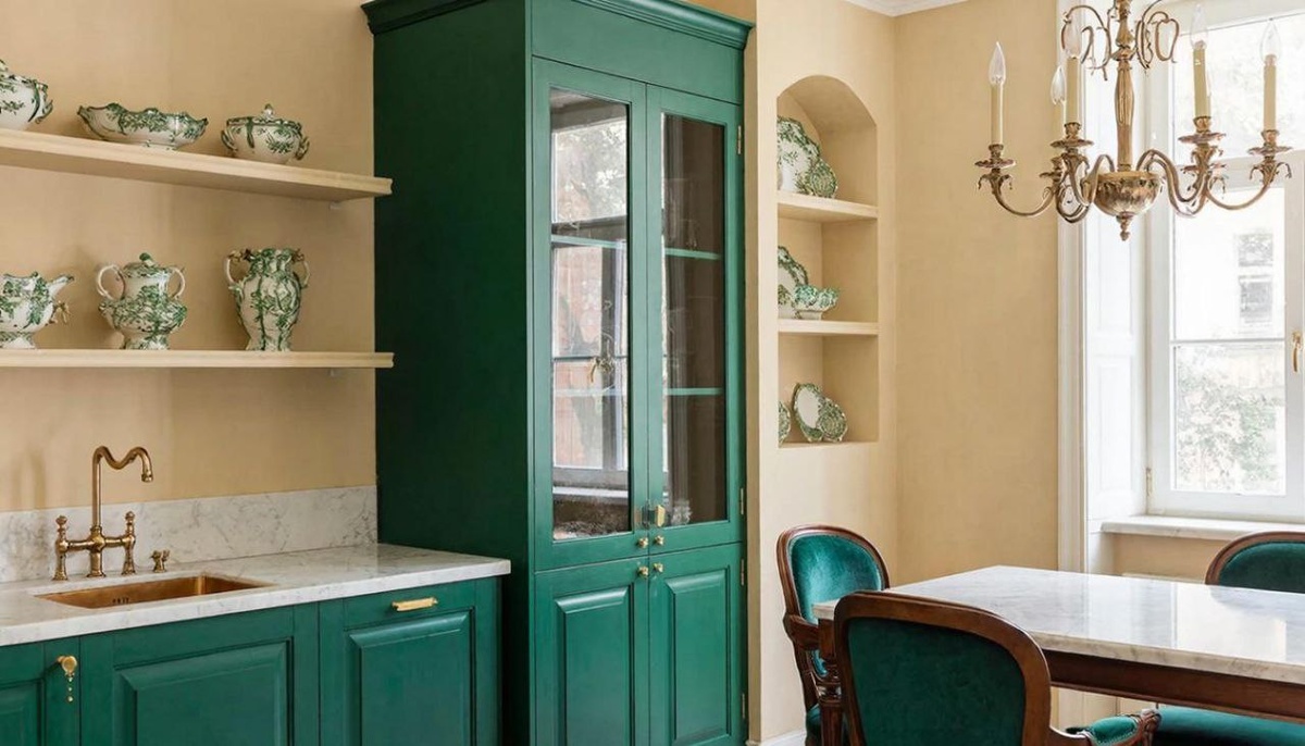 Изумрудный шкаф-пенал для посуды это благородный страж роскоши на вашей кухне